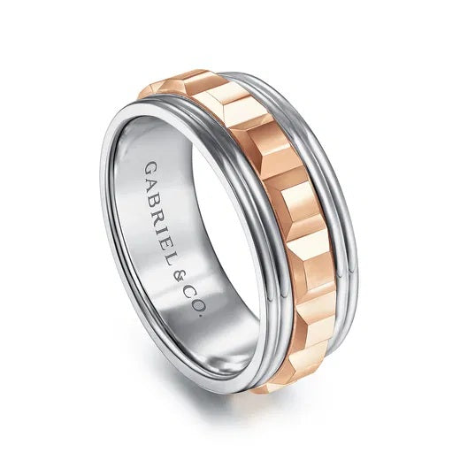 DOMINICK - 14K WHITE-ROSE GOLD 8MM- GROMMET INLAY MEN'S TWO TONE WEDDING BAND