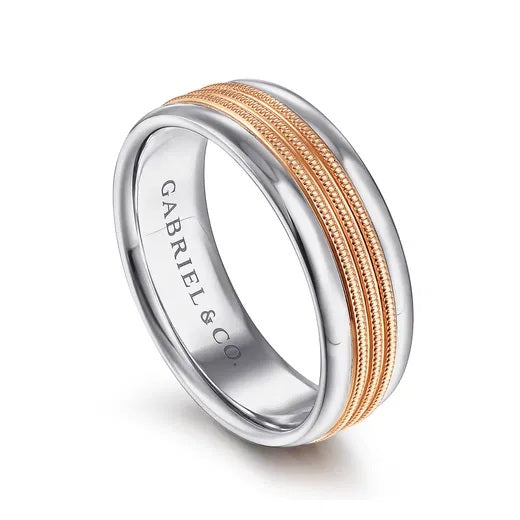 ETHAN - 14K WHITE-ROSE GOLD 7MM - TWO TONE MEN'S WEDDING BAND IN HIGH POLISHED FINISH