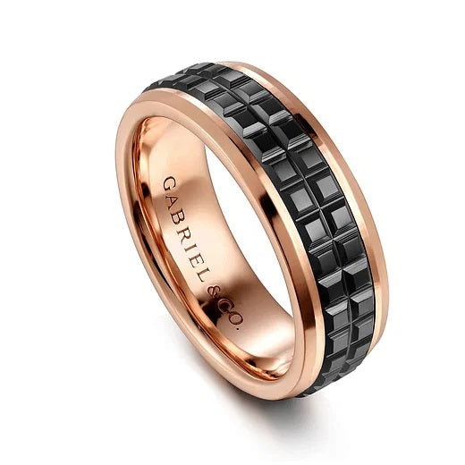 BRAD - 14K ROSE GOLD - BLACK CERAMIC 7MM - TWO TONED BEVELED EDGE MEN'S WEDDING BAND