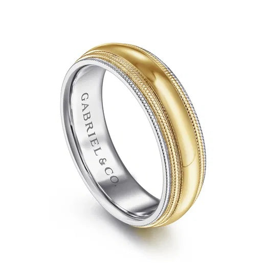 DAMIEN-14K WHITE-YELLOW GOLD HIGH POLISH MEN'S WEDDING BAND WITH MILGRAIN EDGE