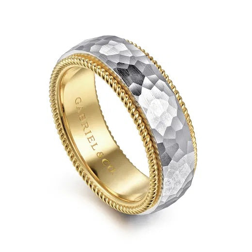 ATTICUS-14K WHITE-YELLOW GOLD 8MM-TWO TONE MEN'S WEDDING BAND IN HAMMERED FINISH
