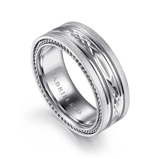 LEO-14K WHITE GOLD 8MM-CARVED MEN'S WEDDING BAND IN SATIN FINISH