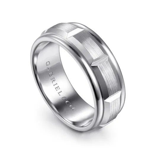 AUSTIN-14K WHITE GOLD 8MM-CARVED STATION MEN'S WEDDING BAND IN SATIN FINISH