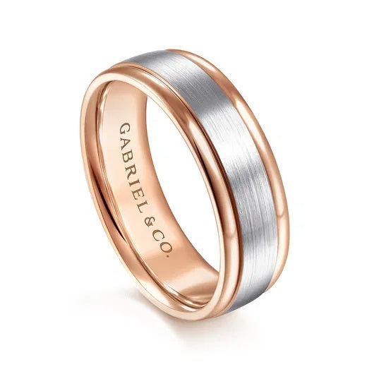 DAVID-14K WHITE-ROSE GOLD 7MM-TWO TONE MEN'S WEDDING BAND IN SATIN FINISH