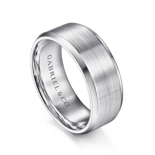 SEBASTIAN-14K WHITE GOLD 8MM-SATIN FINISH MEN'S WEDDING BAND WITH BEVELED EDGE