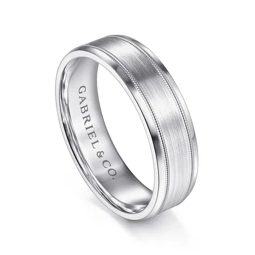 JOSIAH-14K WHITE GOLD 6MM-SATIN POLISH CENTER AND MILGRAIN EDGE MEN'S WEDDING BAND