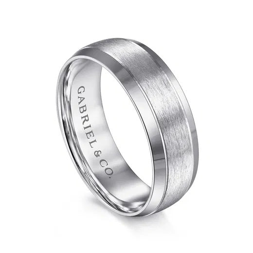 ROBERT-14K WHITE GOLD 7MM-BEVELED EDGE MEN'S WEDDING BAND IN HORIZONTAL BRUSH FINISH