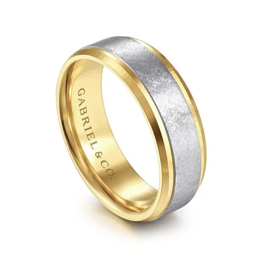 COLE-14K WHITE-YELLOW GOLD 7MM-BEVELED EDGE MEN'S WEDDING BAND IN DIAMOND SCRATCH FINISH