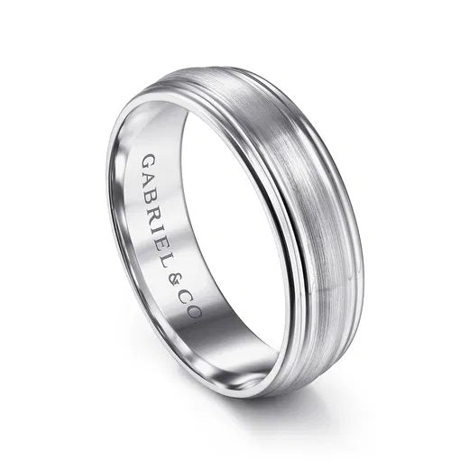 DECLAN-14K WHITE GOLD 6MM-CARVED MEN'S WEDDING BAND IN SATIN FINISH