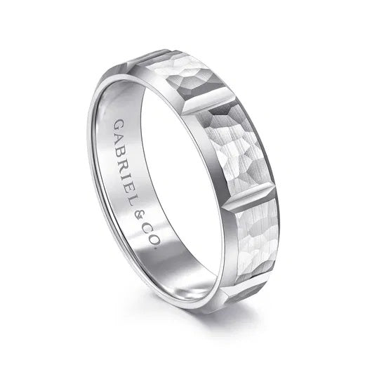 ZACHARY-14K WHITE GOLD 6MM-MEN'S WEDDING BAND WITH HAMMERED STATIONS
