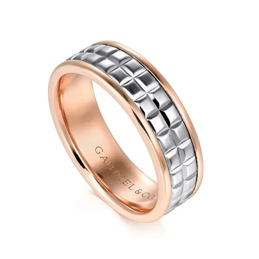 HUGO-14K WHITE-ROSE GOLD 7MM-SQUARE INLAY MEN'S TWO TONE WEDDING BAND