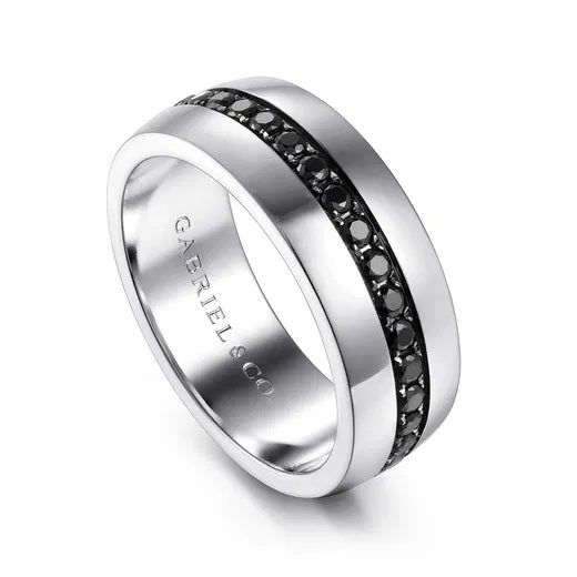 XAVIER-14K WHITE GOLD AND BLACK DIAMOND MEN'S BAND IN HIGH POLISH FINISH