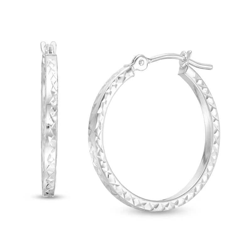 14K WHITE GOLD ITALIAN GOLD DIAMOND CUT 20MM HOOP EARRINGS