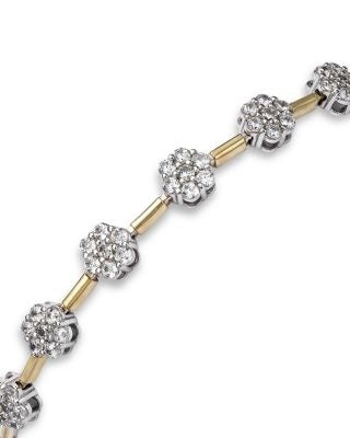 14K YELLOW/WHITE GOLD FLOWER CLUSTER DIAMOND LINE BRACELET 3.75 CT, H COLOR