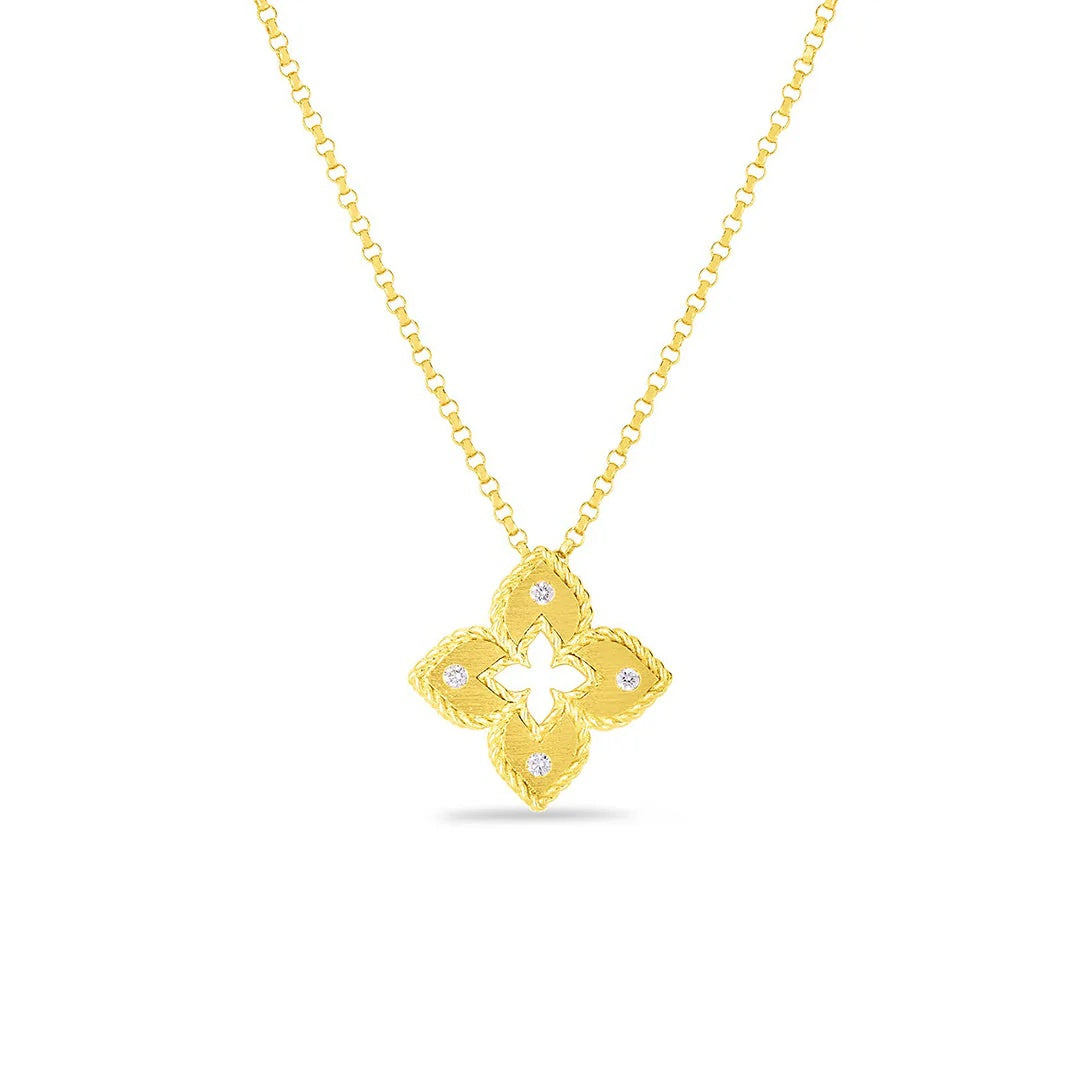 ROBERTO COIN PETITE VENETIAN PRINCESS DIAMOND AND SATIN FINISH SMALL FLOWER NECKLACE