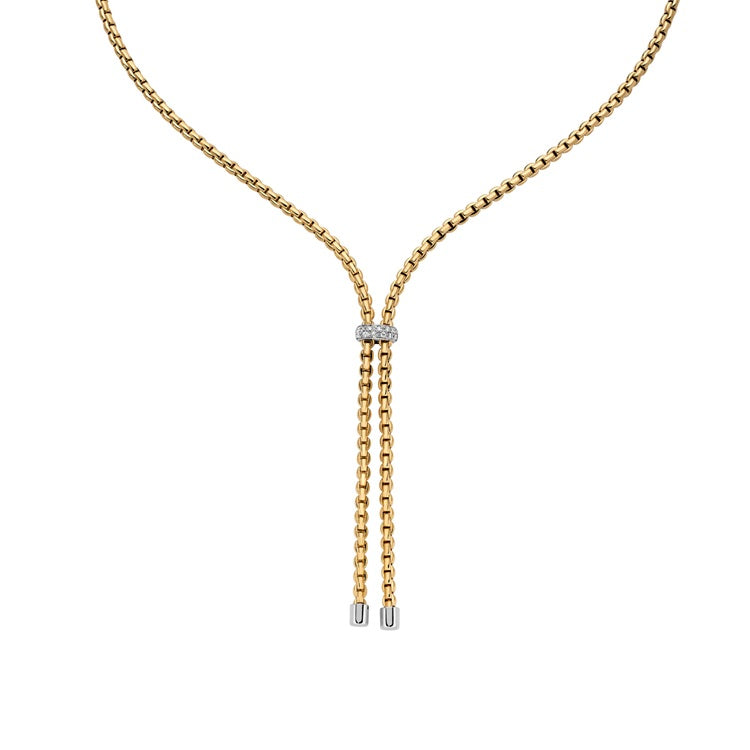 FOPE 18K YELLOW AND WHITE GOLD EKA LARIAT NECKLACE DIAMOND RONDEL 0.10CT TW.