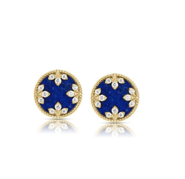 ROBERTO COIN 18K YELLOW GOLD 12MM VENETIAN BLUE LAPIS AND DIAMOND 0.10CT TW GH/SI MEDALLION STUD EARRINGS