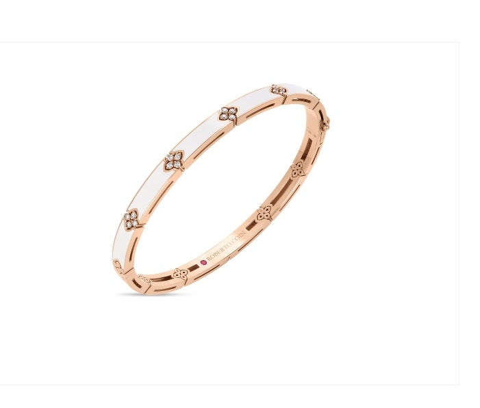 ROBERTO COIN 18K YELLOW GOLD LOVE IN VERONA DIAMOND 0.15CT TW GH/SI AND WHITE ENAMEL BANGLE