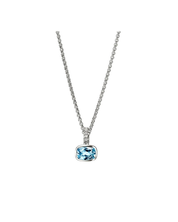 (NBS973491SBTDIX16-18) JOHN HARDY HESHI STERLING SILVER DIAMOND PAVE 0.04CT TW WITH 7X5MM SWISS BLUE TOPAZ PENDANT ON A ROLO CHAIN.