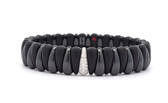 ROBERTO DEMEGILO ARTIGLIO BRACELET HAVING HIGH POLISH ALTERNATING BLACK SATIN FINISH CERAMIC LINKS WITH AN 18K WHITE GOLD DIAMOND STATION 0.18 TW