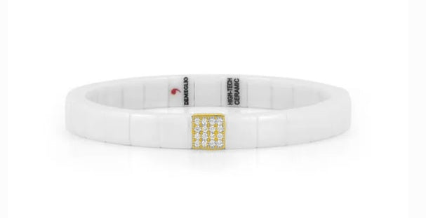 ROBERTO DEMEGILO SCACCO WHITE HIGH POLISH CERAMIC BRACELET HAVING ONE 18K YELLOW GOLD SQUARE DIAMOND STATION, 0.14TW