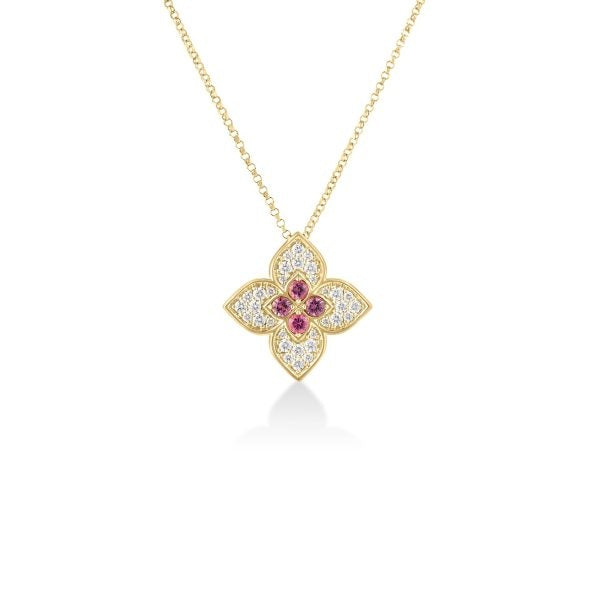 ROBERTO COIN 18K YELLOW GOLD VENETIAN PRINCESS CARNIVAL DIAMOND & RUBELLITE LARGE FLOWER NECKLACE