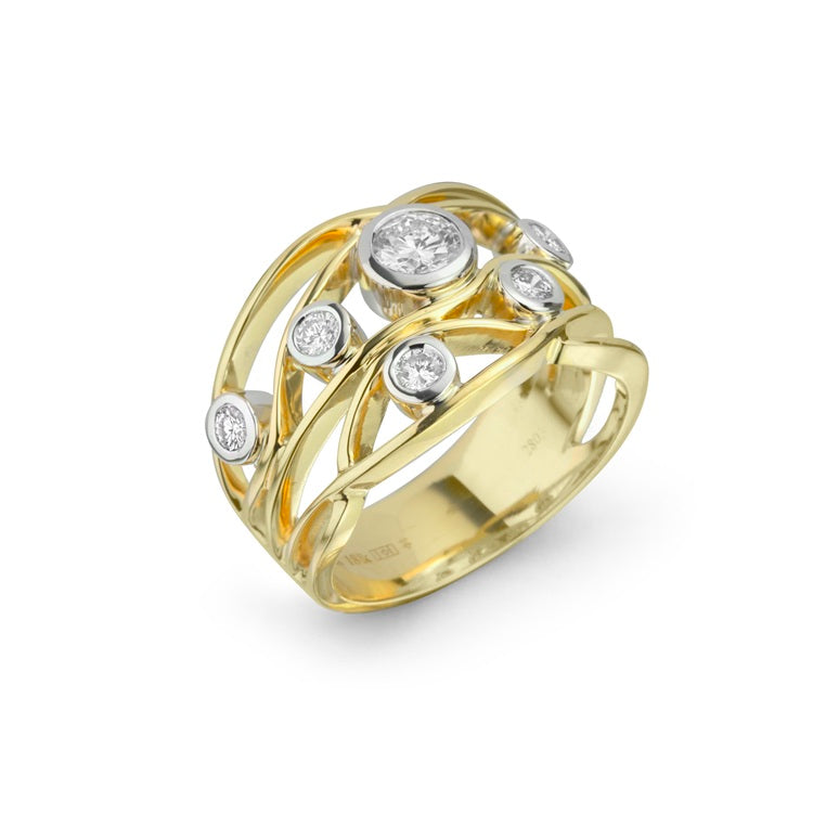 MAX STRAUSS 14K YELLOW AND WHITE GOLD FASHION RING BEZEL SET WITH LAB GROWN ROUND BRILLIANT CUT DIAMONDS 0.64 TW GH/SI.