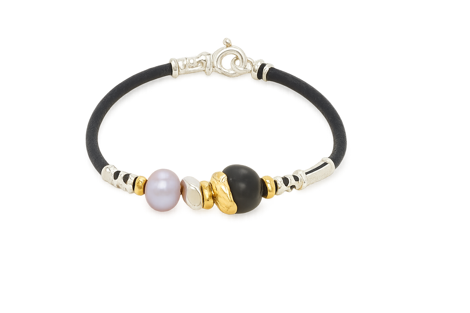 3MM TUSCAN LEATHER BRACELET WITH 18K GOLD AND SILVER ELEMENTS, NATURAL GREY PEARL AND TAHITIAN PEARL, FINISHED WITH A SILVER LOBSTER CLASP