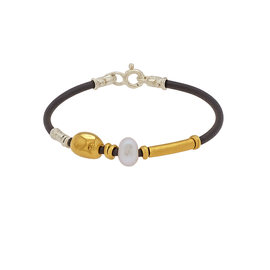3MM LEATHER BRACELET WITH HANDMANDE 18K GOLD / SILVER ELEMENTS, AND NATURAL FRESHWATER PEARL