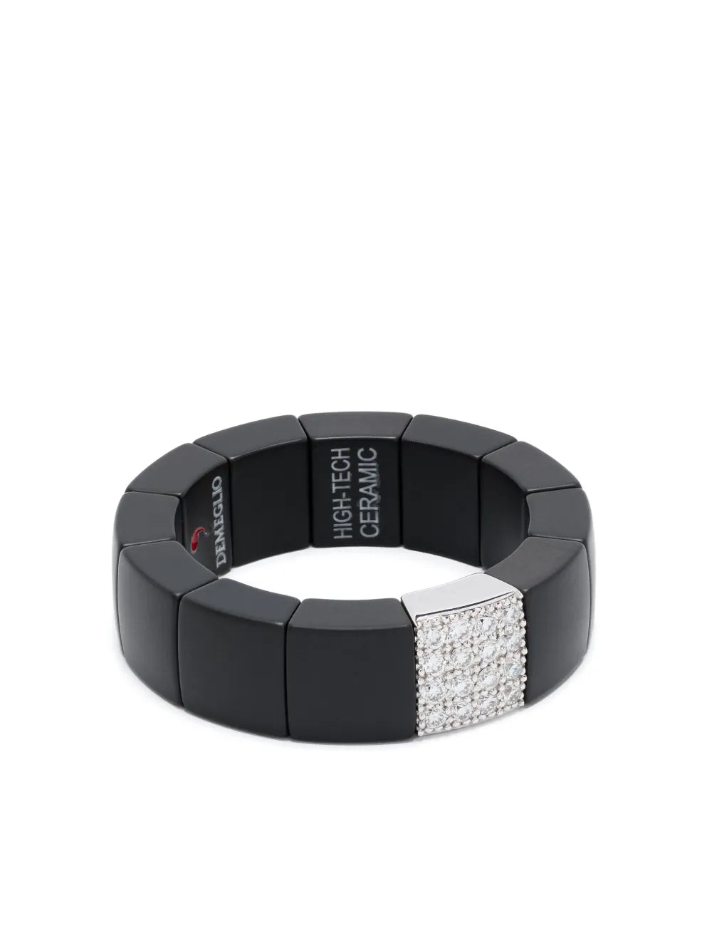 ROBERTO DEMEGILO SCACCO BLACK SATIN FINISH CERAMIC RING HAVING AN 18K WHITE GOLD SQUARE DIAMOND STATION 0.14 TW