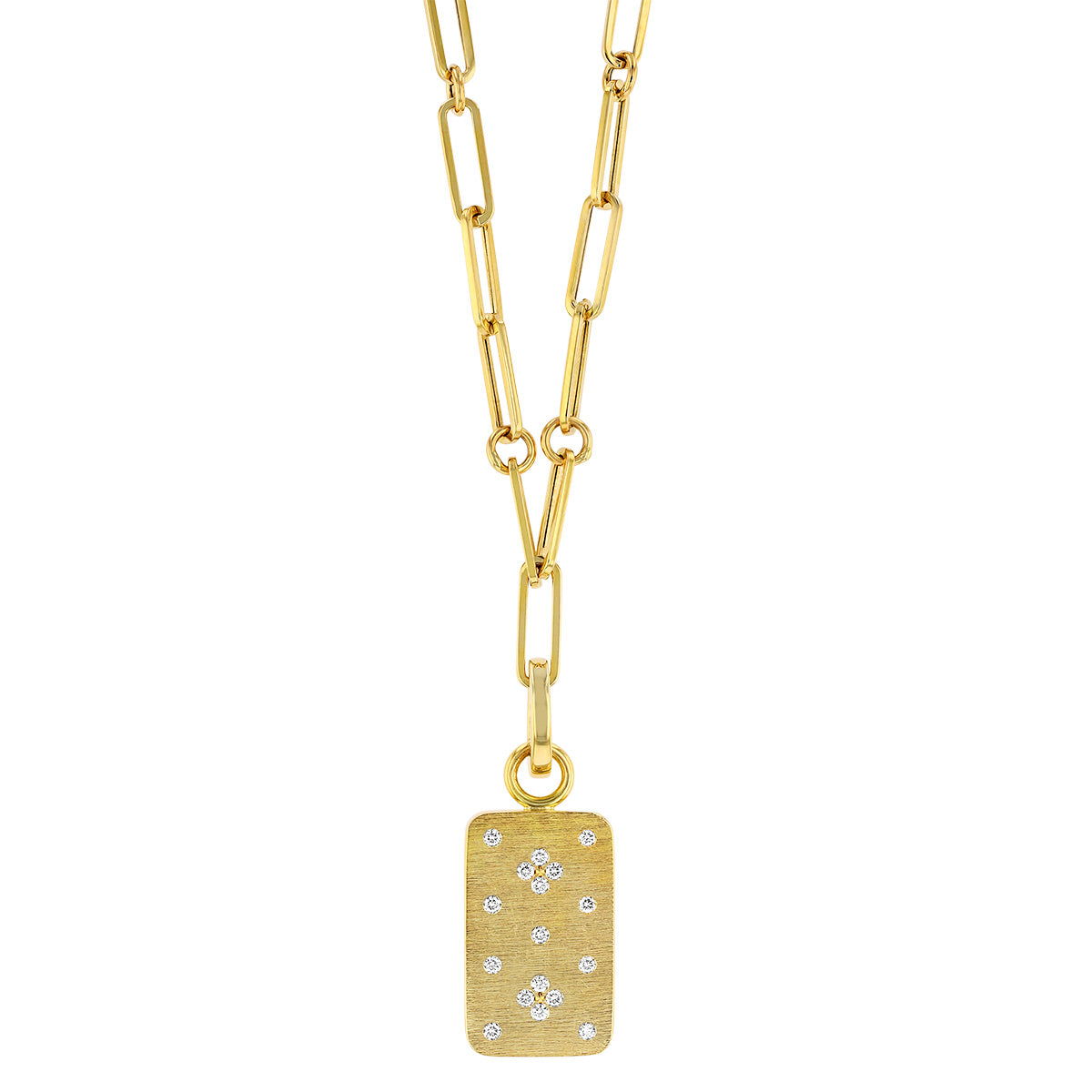 ROBERTO COIN 18K YELLOW GOLD VENETIAN PRINCESS "DOG TAG" PENDANT ON PAPERCLIP CHAIN WITH DIAMONDS MEASURING 0.15CT