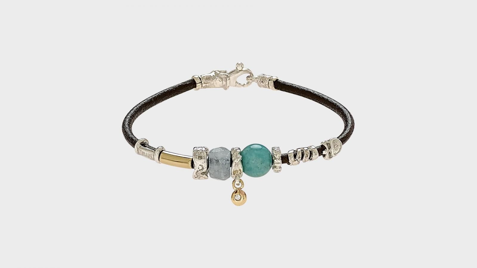 MISANI 3MM LEATHER BRACELET WITH HANDMADE 18K YELLOW GOLD ELEMENTS, SILVER AND AMAZONITE, RUBY, LAVENDER AMETHYST