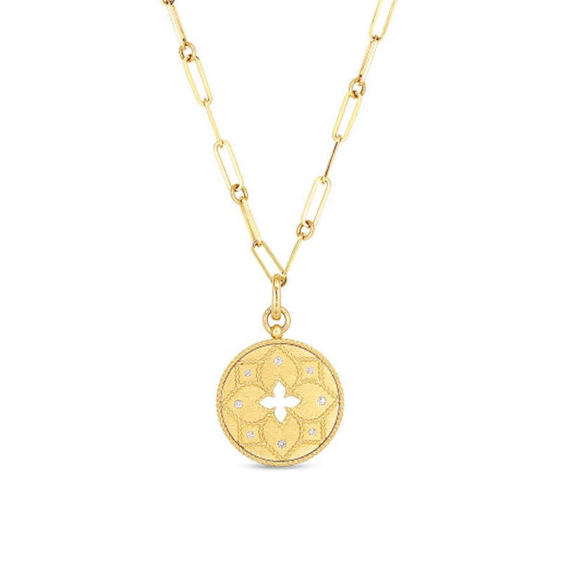 Roberto Coin 18K Yellow Gold Venetian Princess Satin Medallion with Flower Cutout and Diamond Accent on Chain 0.09TW