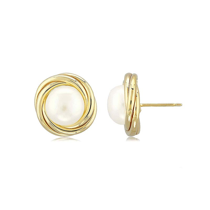 CARLA 14K YELLOW GOLD LARGE KNOT STUD EARRINGS WITH FRESHWATER PEARLS