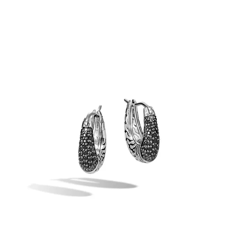 JOHN HARDY STERLING SILVER CLASSIC CHAIN HOOP EARRINGS WITH BLACK SAPPHIRES AND BLACK SPINELS