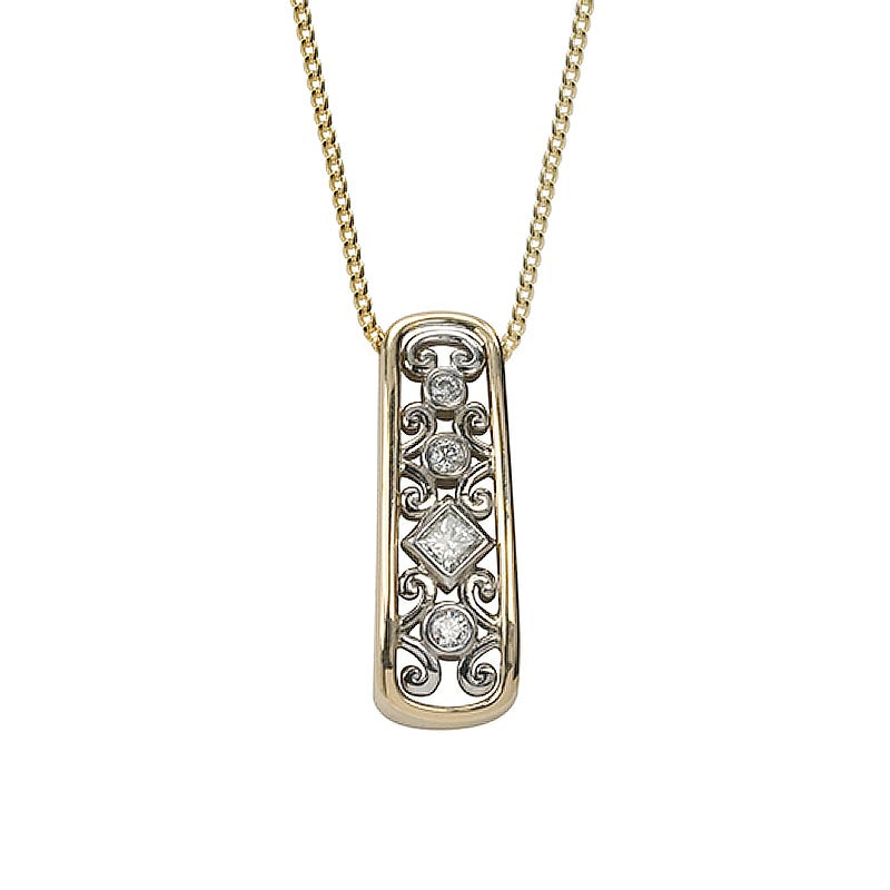 Max Strauss 14K Yellow and White Gold Scroll Pendant with Diamonds Measuring a Total of 0.26 Carats GH/SI. Also available in White Gold