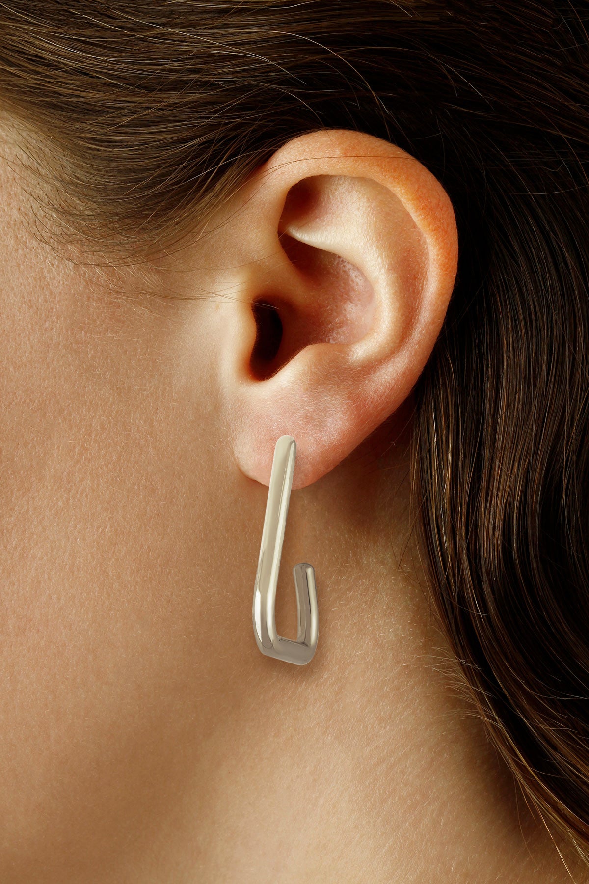 CARLA STERLING SILVER LONG TRIANGLE "J" HOOP EARRINGS.