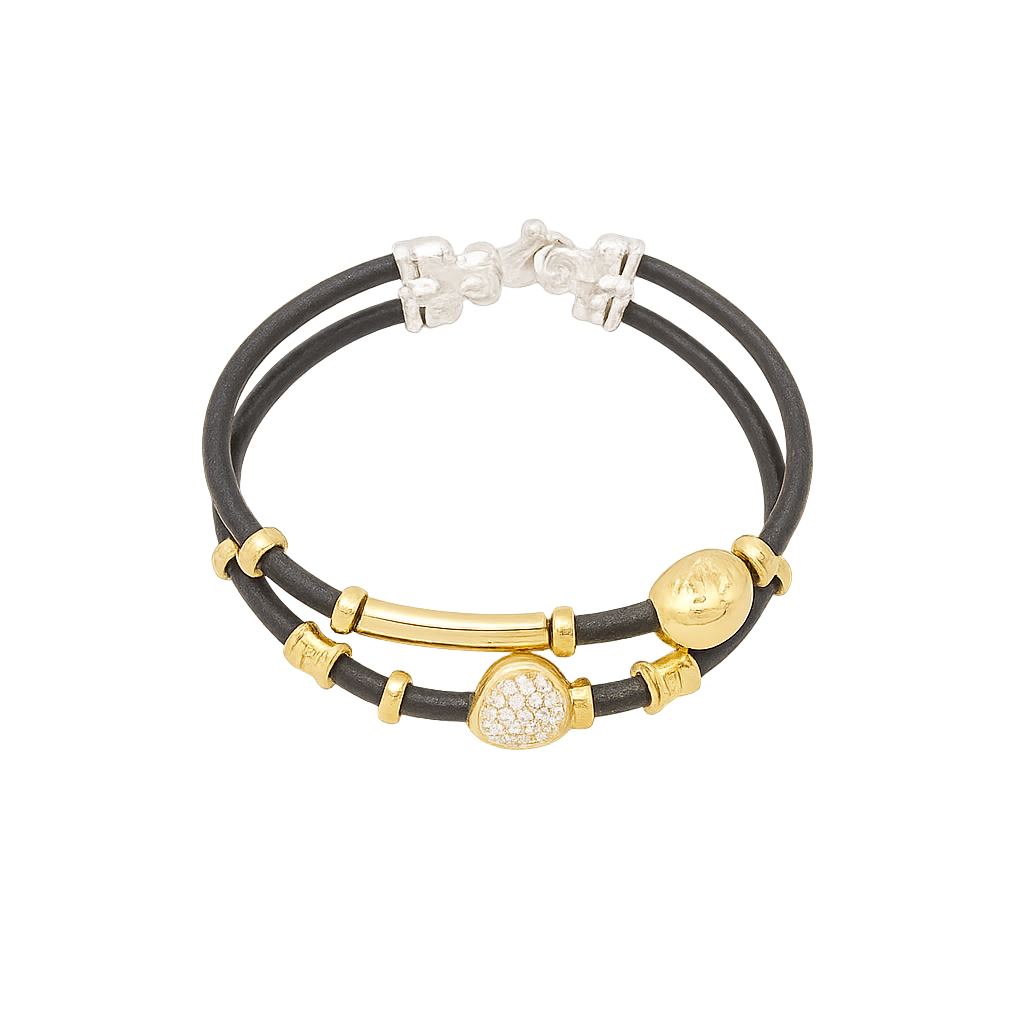 DOUBLE LEATHER 3MM BRACELET WITH HANDMADE 18K YELLOW GOLD AND SILVER ELEMENTS, PAVE DIAMONDS