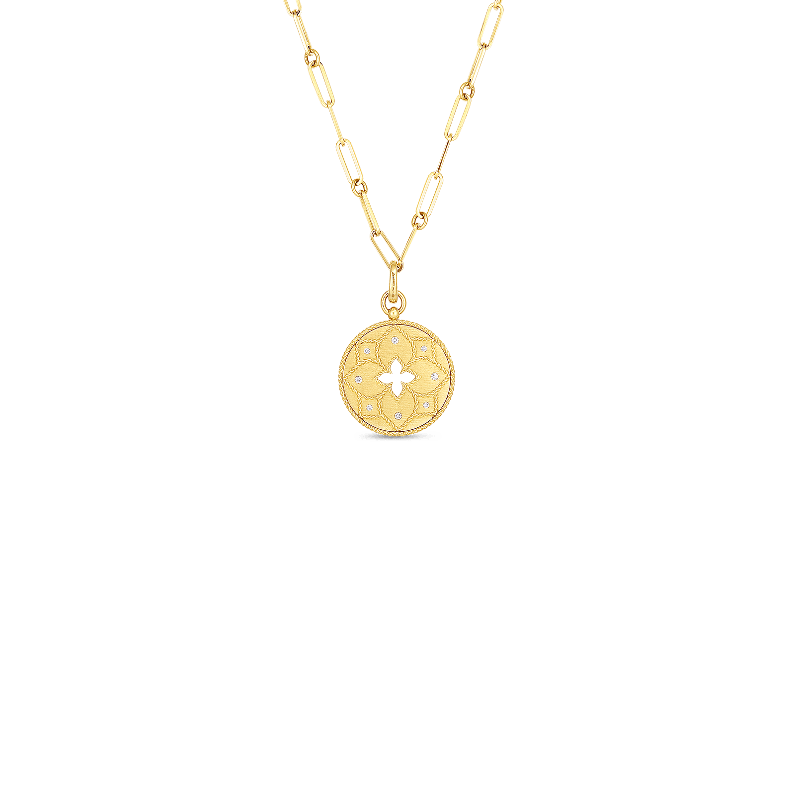 18K VENETIAN PRINCESS SATIN MEDALLION WITH FLOWER CUTOUT & DIAMOND ACCENT ON CHAIN