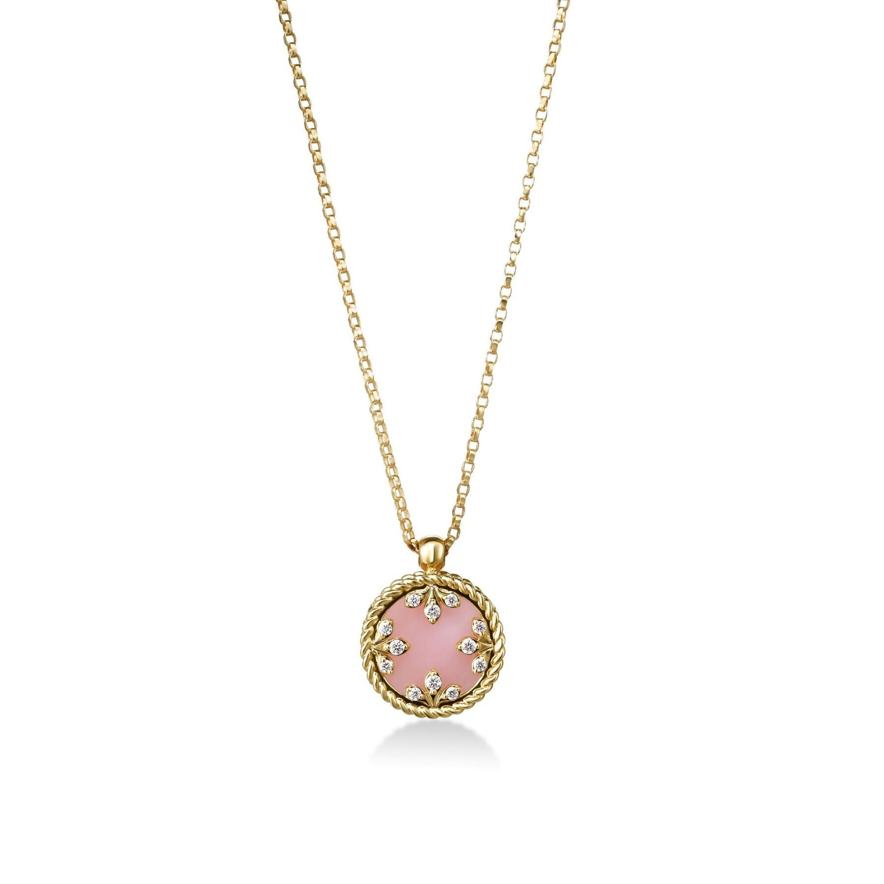 ROBERTO COIN 18K YELLOW GOLD VENETIAN MEDALLIONS SMALL DIAMOND AND PINK OPAL NECKLACE