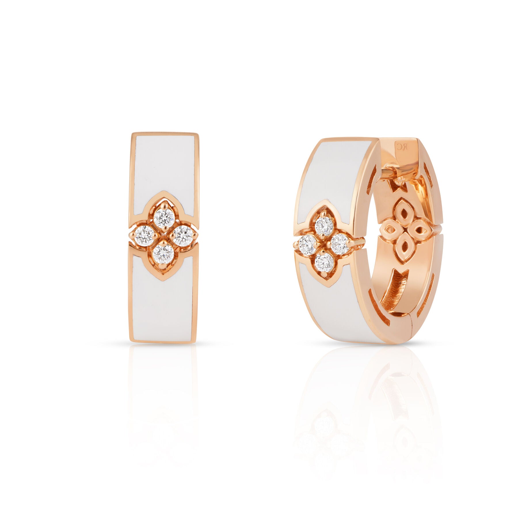 ROBERTO COIN 18K ROSE GOLD LOVE IN VERONA DIAMOND & WHITE ENAMEL HOOP EARRINGS