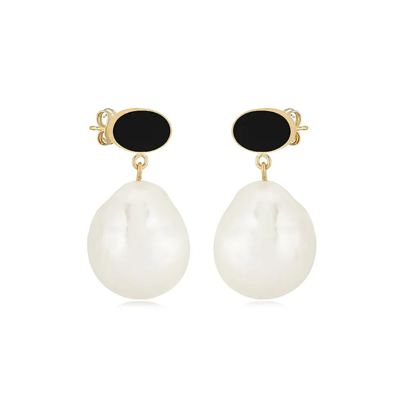 Carla 14K Yellow Gold Earrings with Onyx/ Baroque Pearl