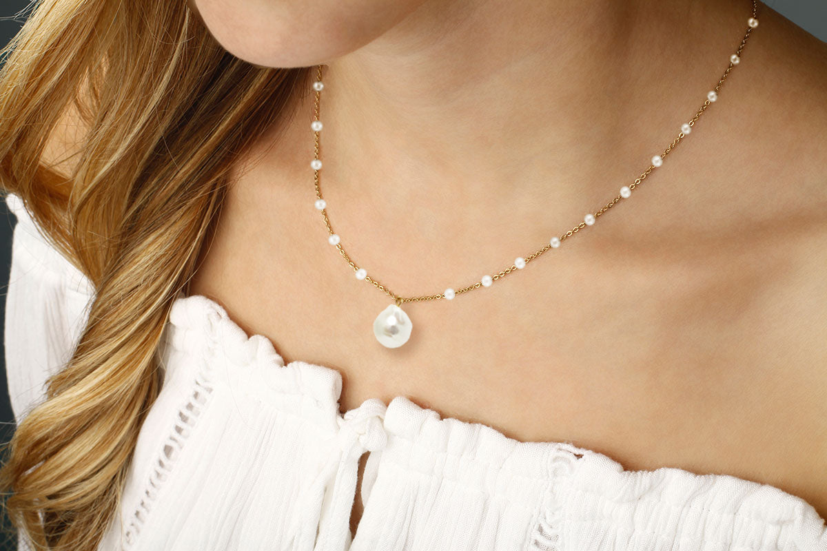 CARLA 14K YELLOW GOLD FRESHWATER PEARL BEAD WITH BAROQUE DROP, 16"