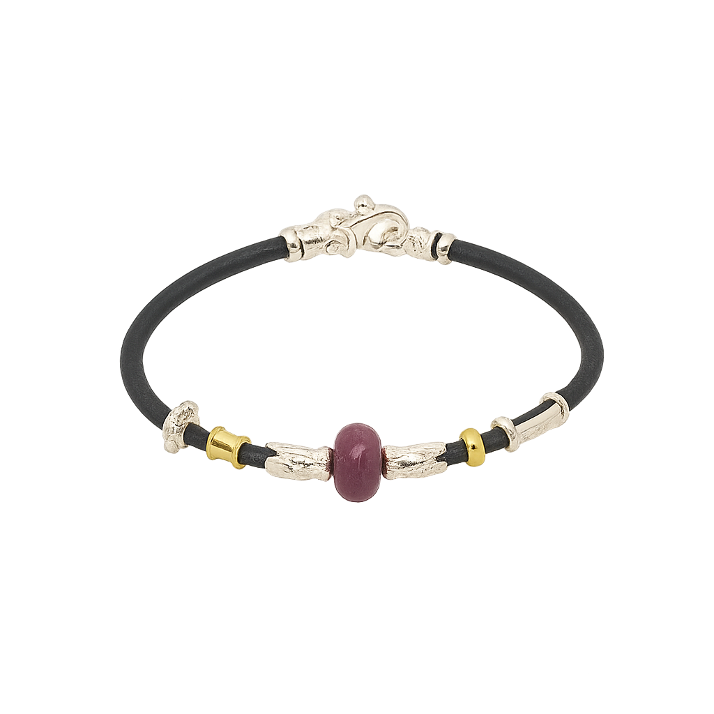 3MM LEATHER BRACELET WITH HANDMADE GOLD ELEMENTS, SILVER AND RUBY