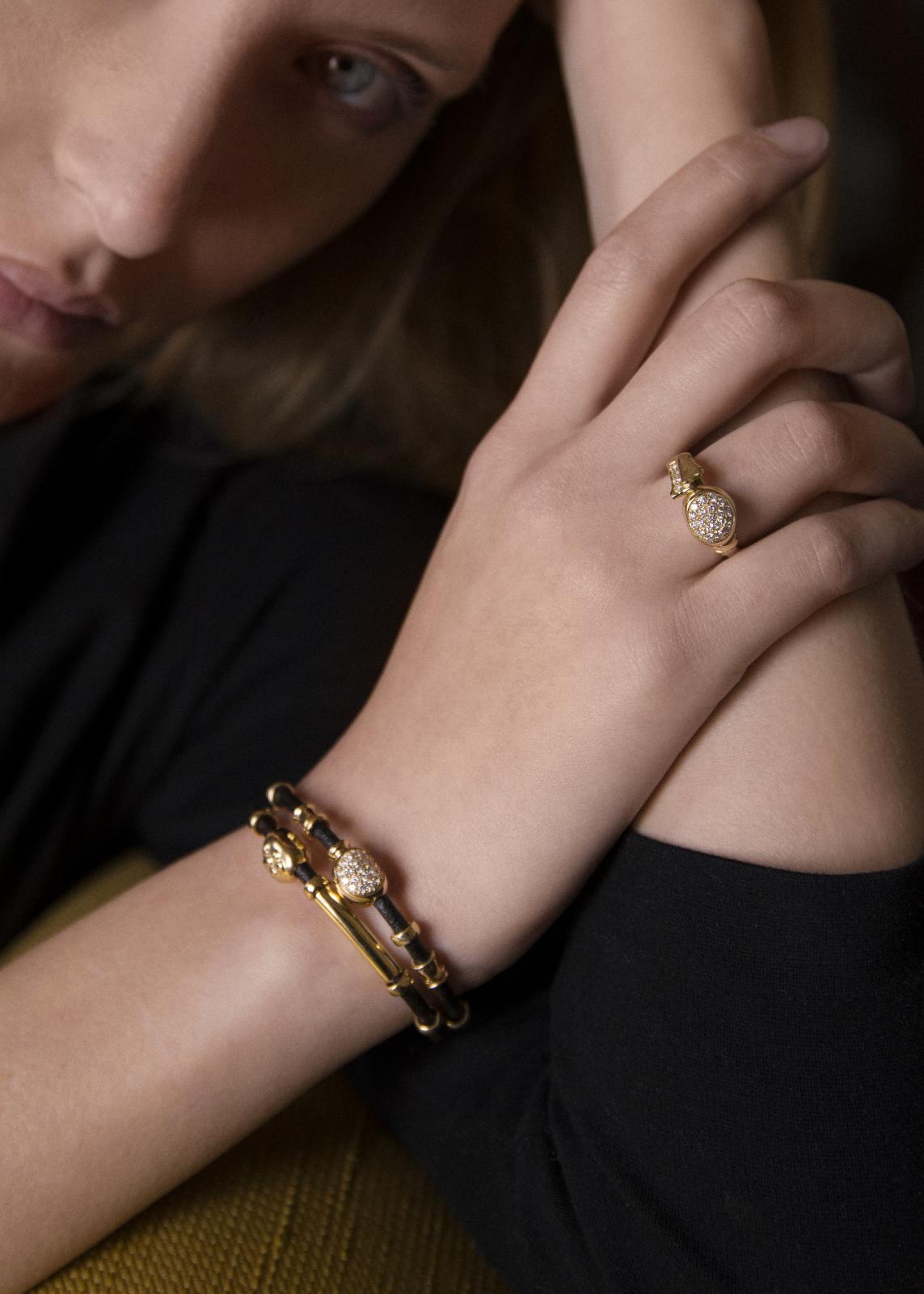 DOUBLE LEATHER 3MM BRACELET WITH HANDMADE 18K YELLOW GOLD AND SILVER ELEMENTS, PAVE DIAMONDS