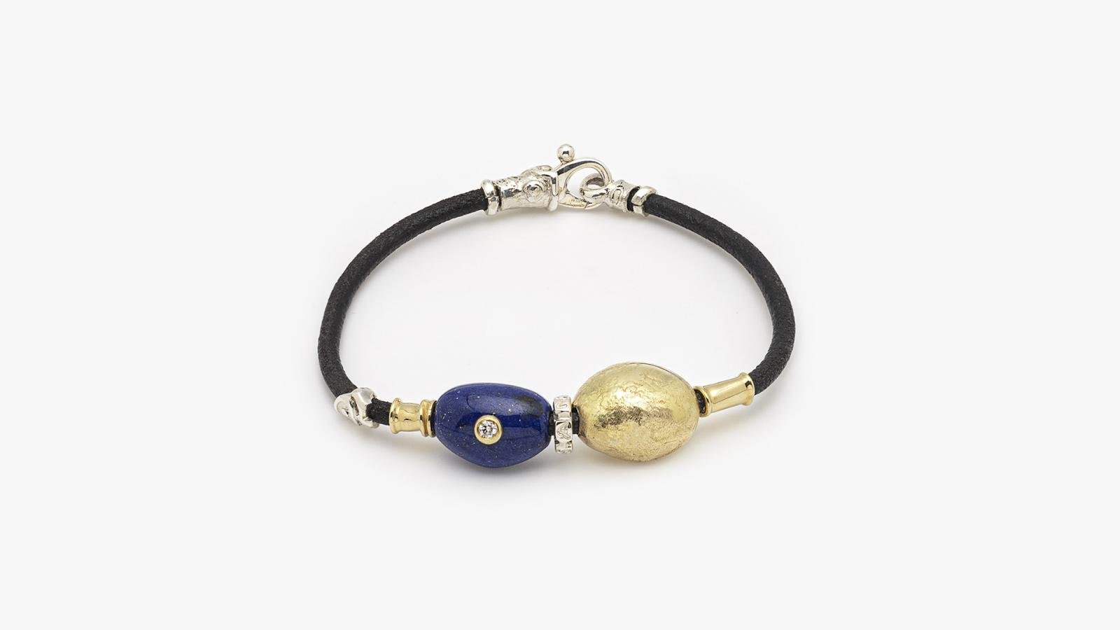 3MM LEATHER BRACELET WITH HANDMADE 18K GOLD AND SILVER ELEMENTS WITH LAPIS AND DIAMONDS