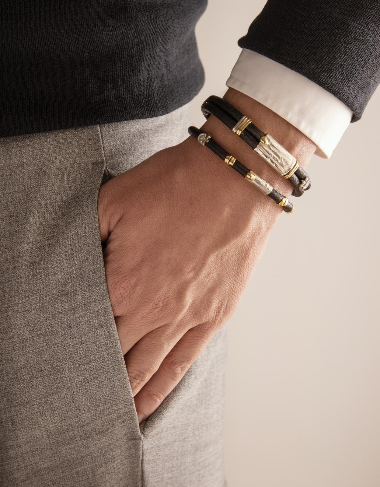 5MM DOUBLE LEATHER BRACELET WITH 18K HANDMADE GOLD AND SILVER ELEMENTS WITH CONCEALED CLASP