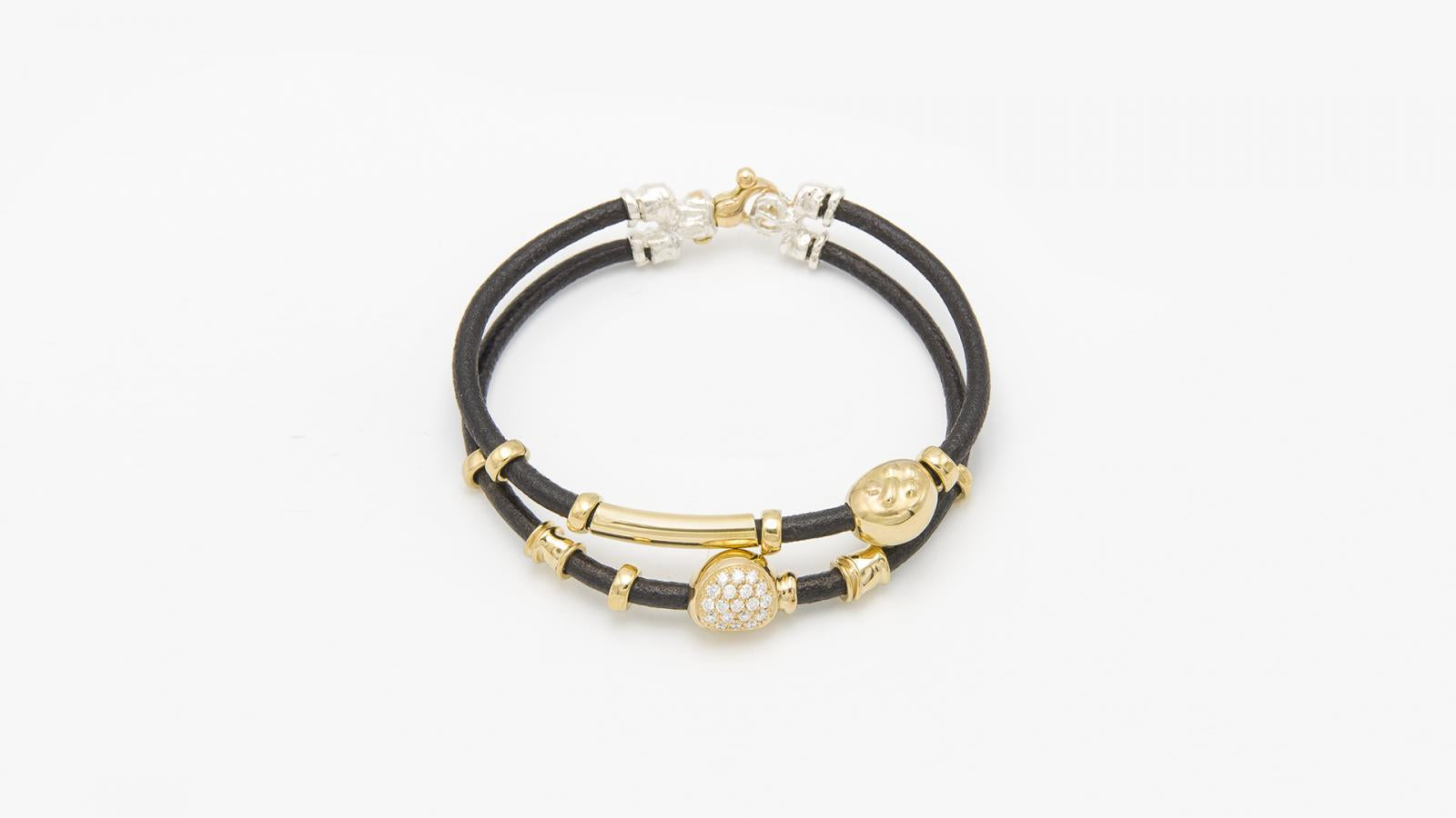 DOUBLE LEATHER BRACELET WITH HANDMADE 18K GOLD AND SILVER ELEMENTS, PAVE DIAMONDS