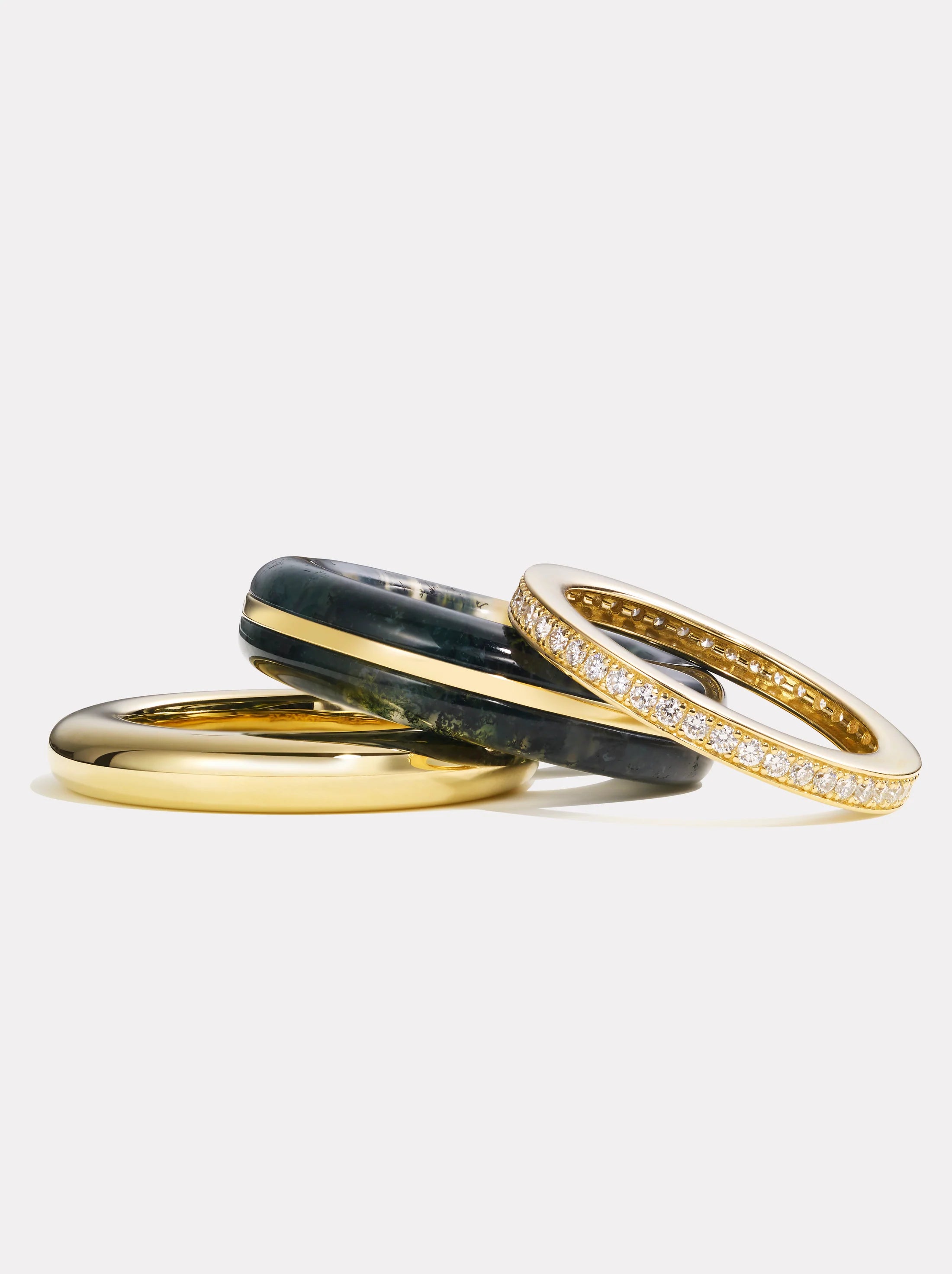 PARIAH KALAHARI RING STACK. 14K RECYCLED YELLOW GOLD, NATURAL CHAMPAGNE DIAMONDS (1.15 TW), AND GREEN MOSS AGATE