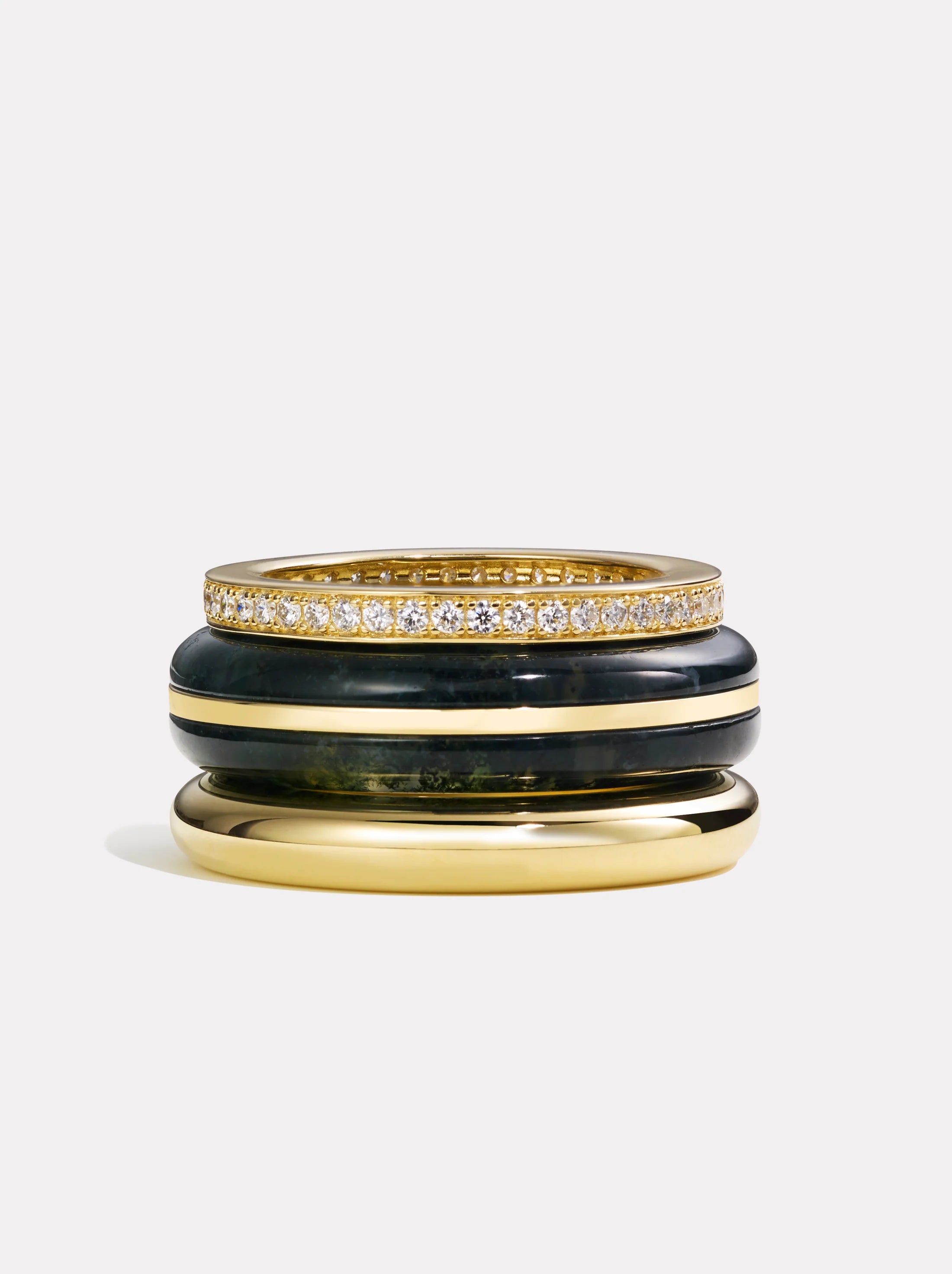 PARIAH CLASSIC RING STACK 14K RECYCLED YELLOW GOLD, NATURAL WHITE DIAMONDS 0.46 TW AND NATURALGREEN MOSS AGATE